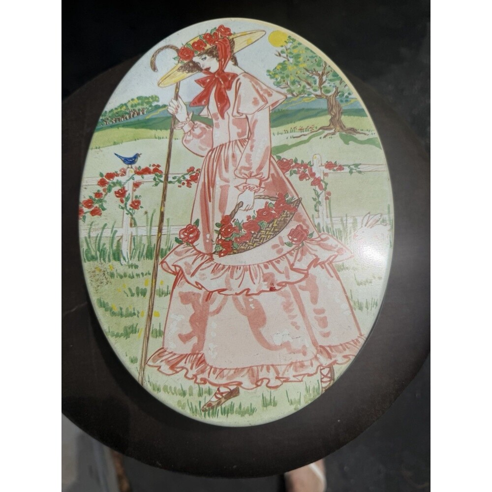 Vintage Valleybrook Farms Victorian Style Oval Cookies Tin With Lid & Handles